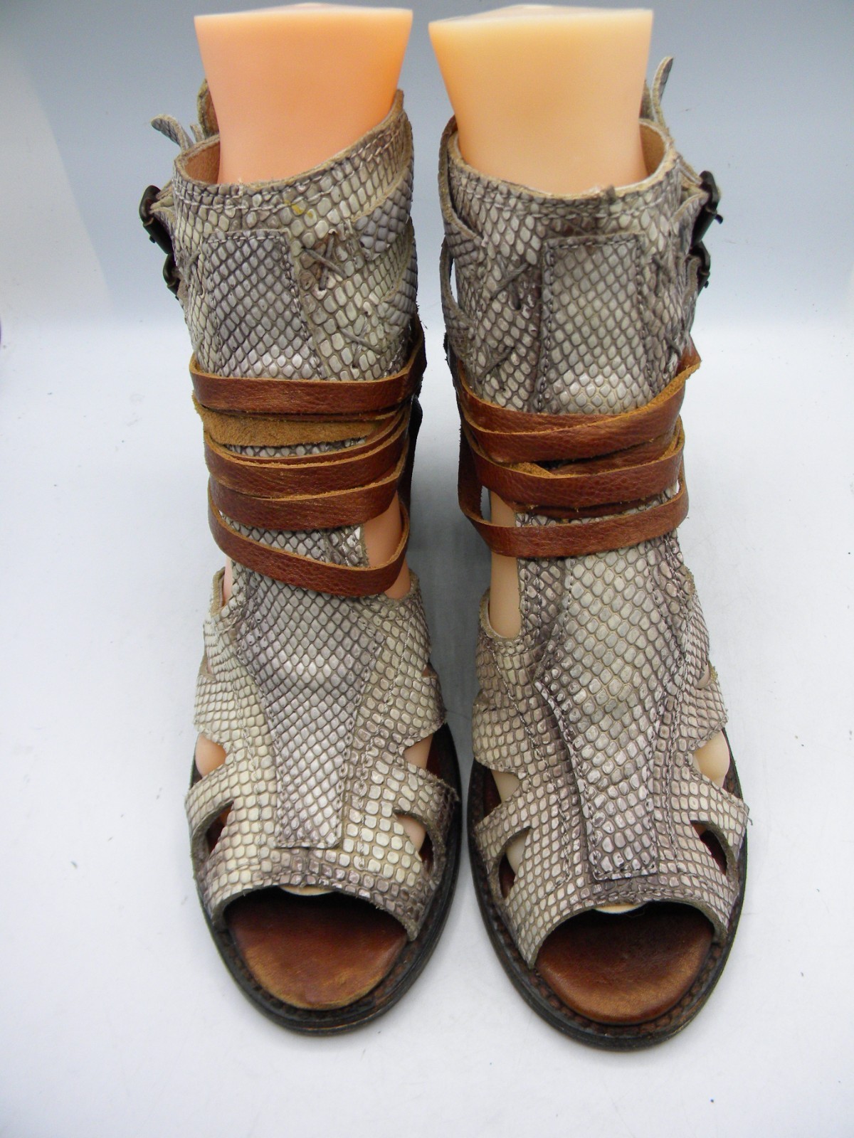FREEBIRD by Steven Nest Snake Print & Brown Leather Block Heel Sandal Sz 9
