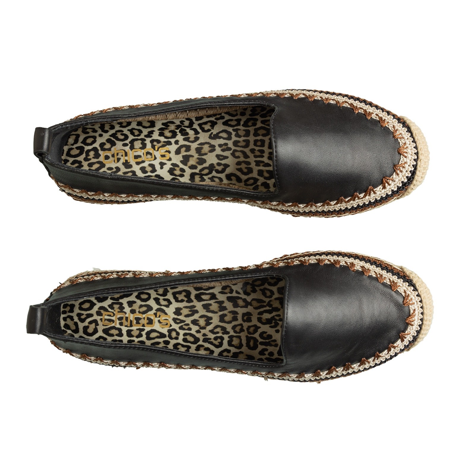 Women’s Black Leather Chico’s Crochet Slip-on Espadrille Flats NWOB – Size 7M