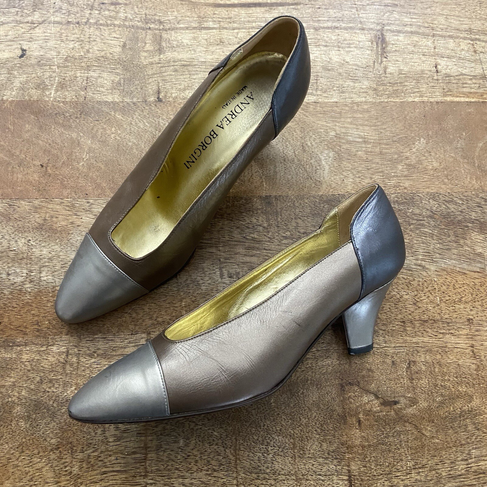 Vtg 80’s 90’s Colorblock Metallic Gold Silver Low Heel Pumps Andrea Borgini 6