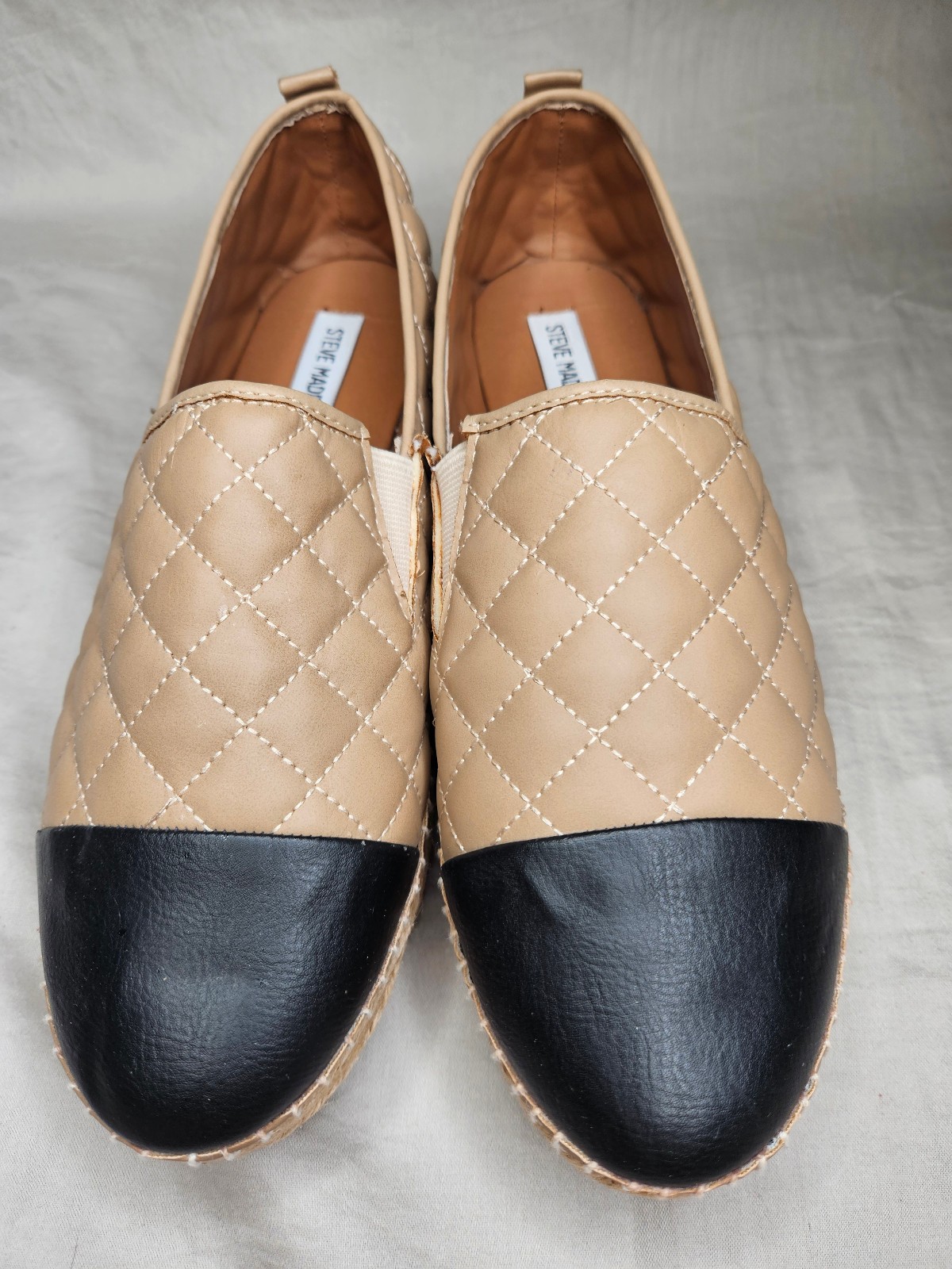 Steve Madden Palamo Espadrilles Slip On Shoes Womens SZ 11 Beige Black Quilted