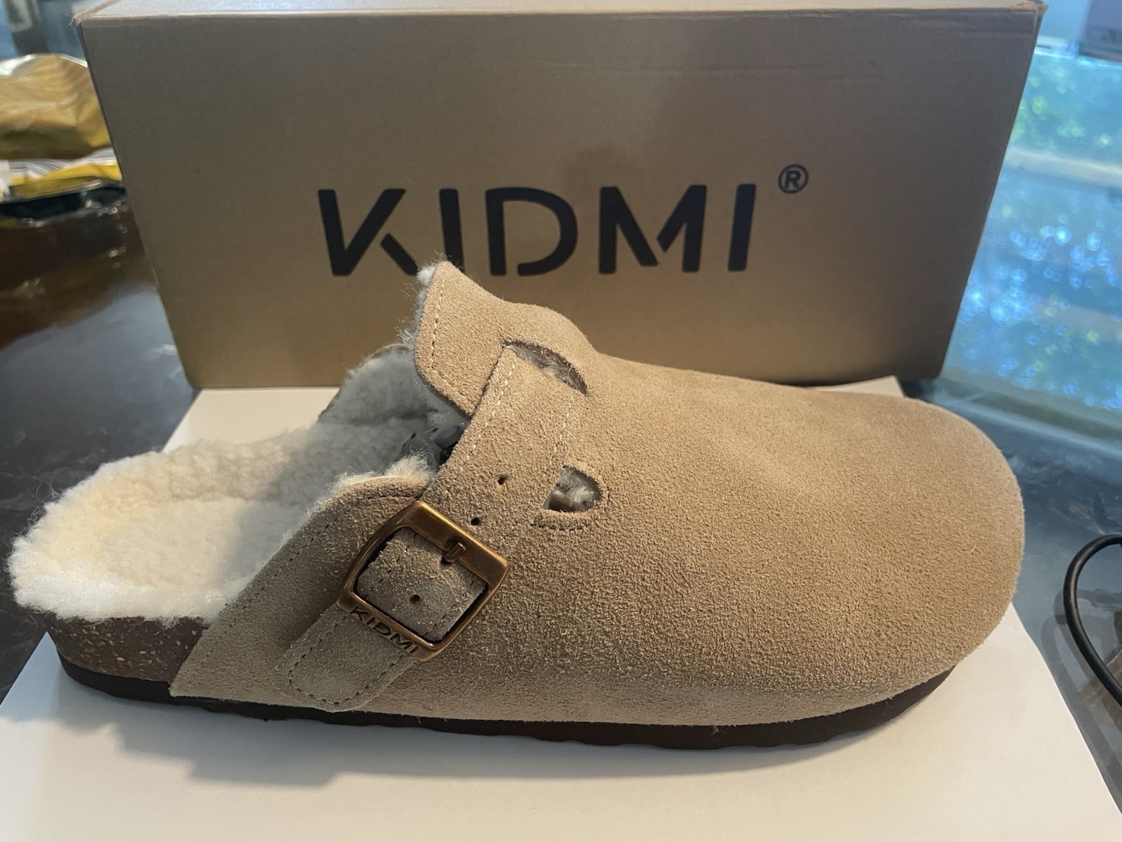KIDMI Suede Clogs Women Sherpa Lined Mules Furry Slip On Shoes Beige size 9