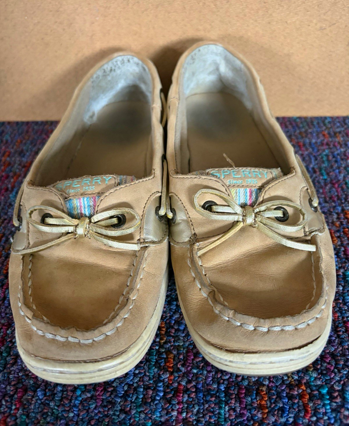 Sperry Angelfish Women’s 6M Tan Leather Slip-On Boat Shoes Non-Slip Striped