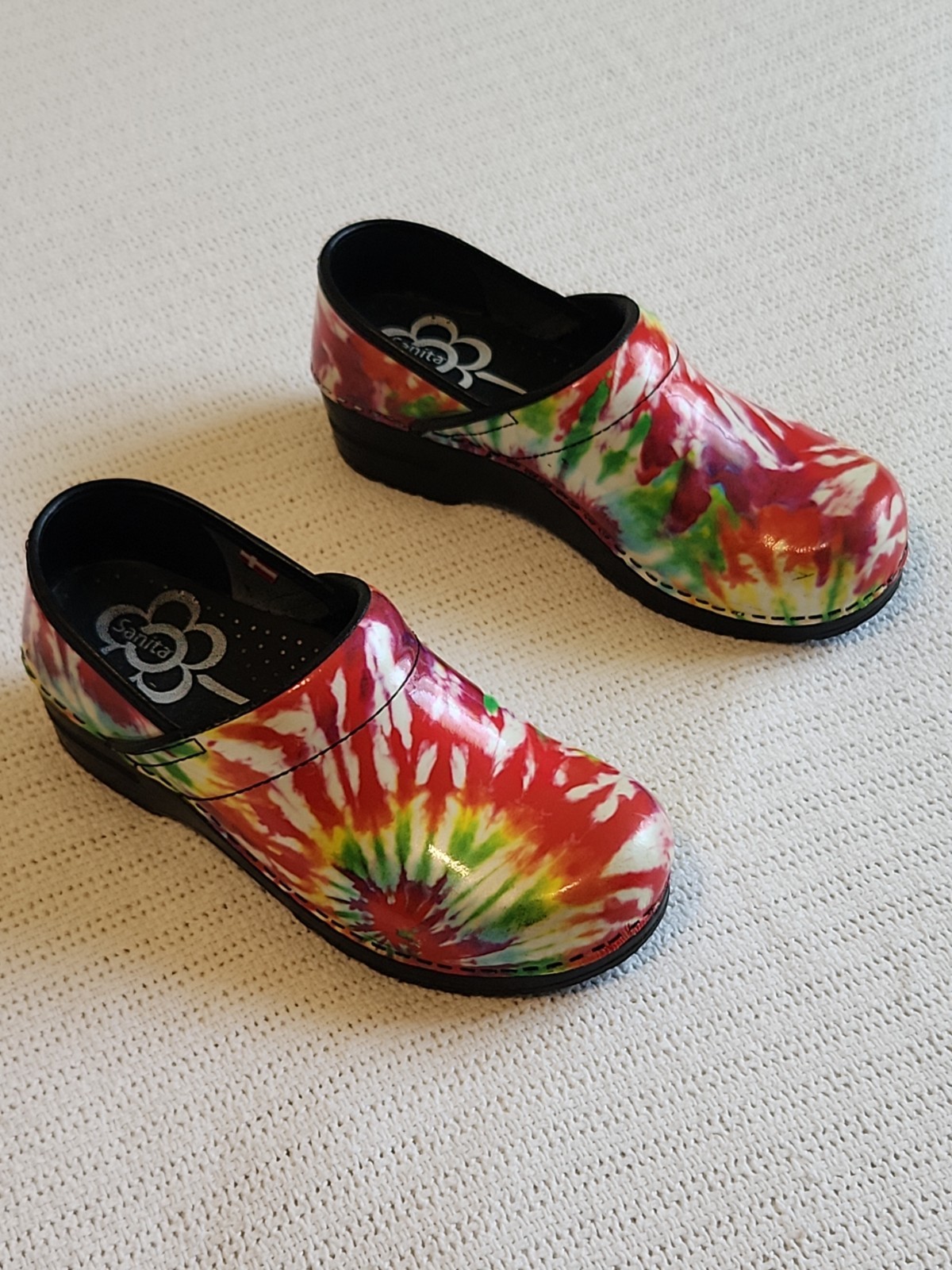 Sanita Tye Dye Waterproof Clogs Size 37 / 7 Danish Hard soles Black The Original