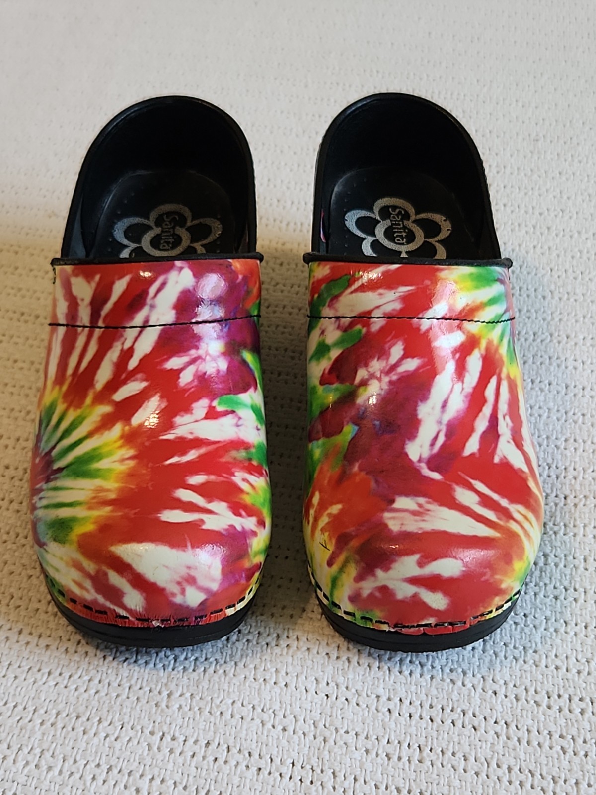 Sanita Tye Dye Waterproof Clogs Size 37 / 7 Danish Hard soles Black The Original