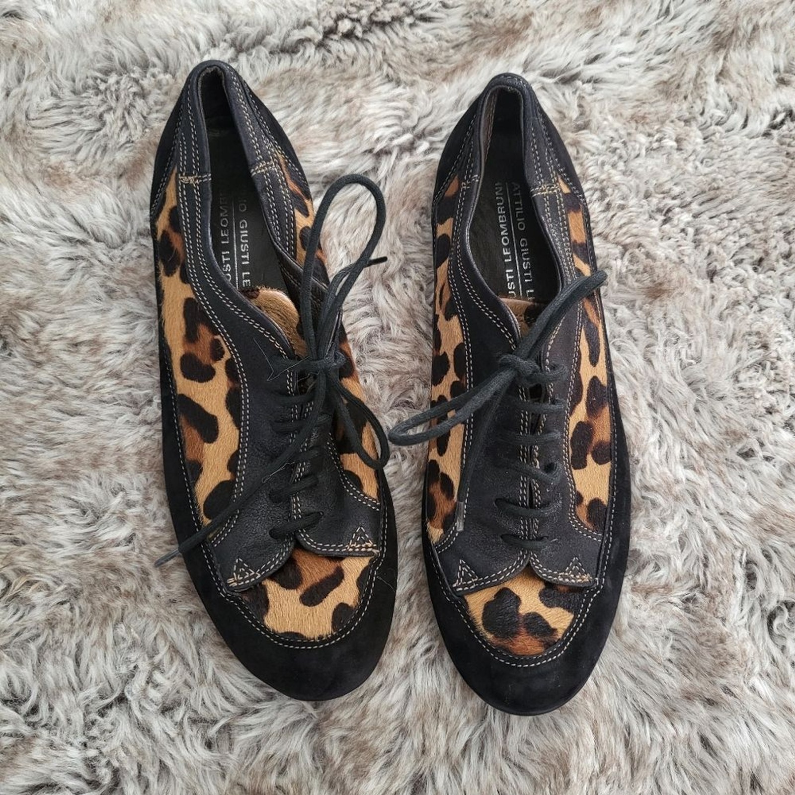 Attilio Giusti Leombruni Vintage Leopard Pony Hair Black Suede Shoes 38