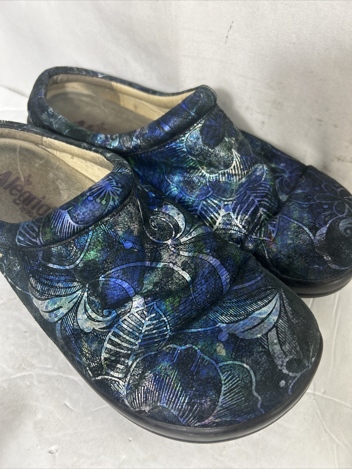 Alegria Mules Clogs Shoes Kay-264 Womens 38 Blue Green Leather Flowers Slip Ons
