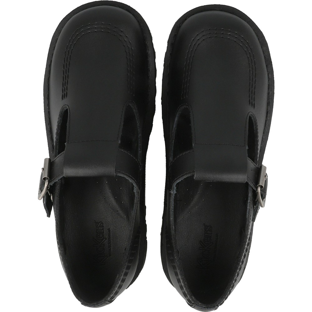 Kickers Kick T-Bar Black Leather Shoes School T-Bar Style with Chunky Sole