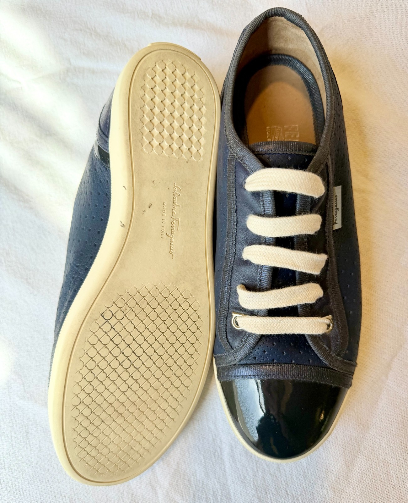 Salvatore Ferragamo Soho Perforated Sneakers Navy Leather Women’s Size 7.5 M