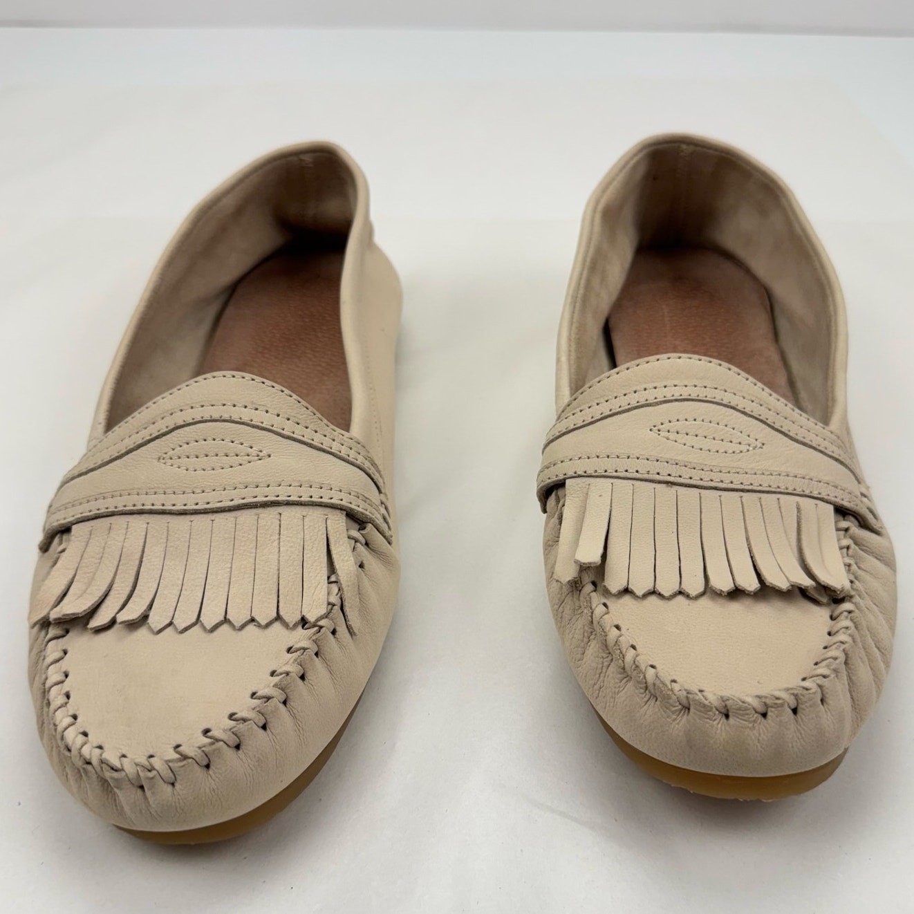 Fat Face Cream Suede Leather Fringe Loafers Flats Moccasins 8 Classic Preppy 41