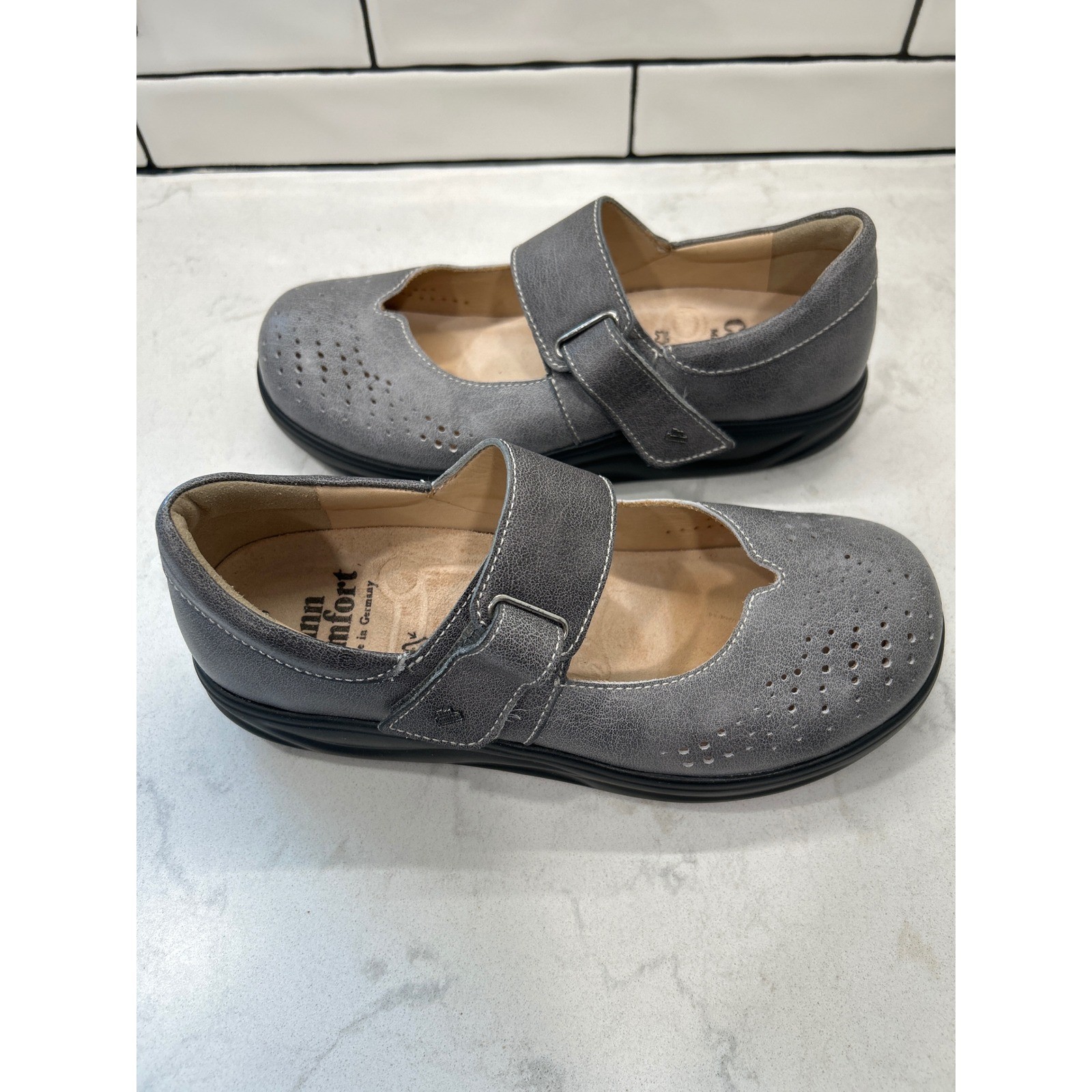 Finn Comfort Womens Grey Leather Mary Jane Shoes Orthopaedic Made in Germany 7.5