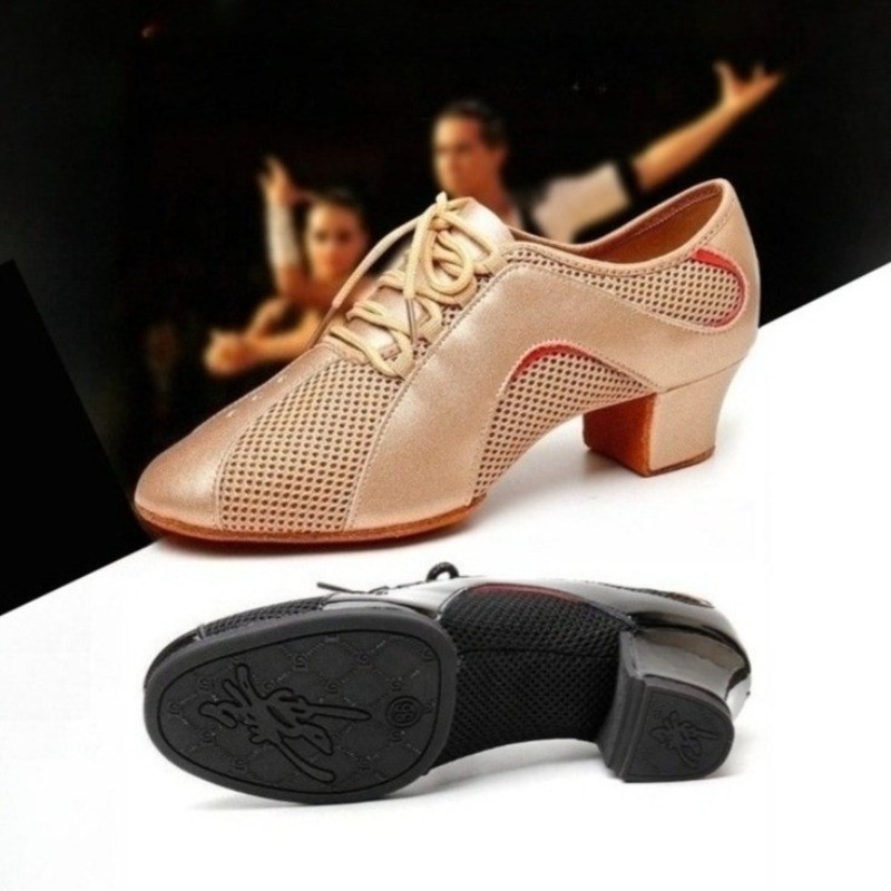 High-Heeled Latin Dance Shoes for Lady Mesh Leather Splice Tango Shoes Outsole
