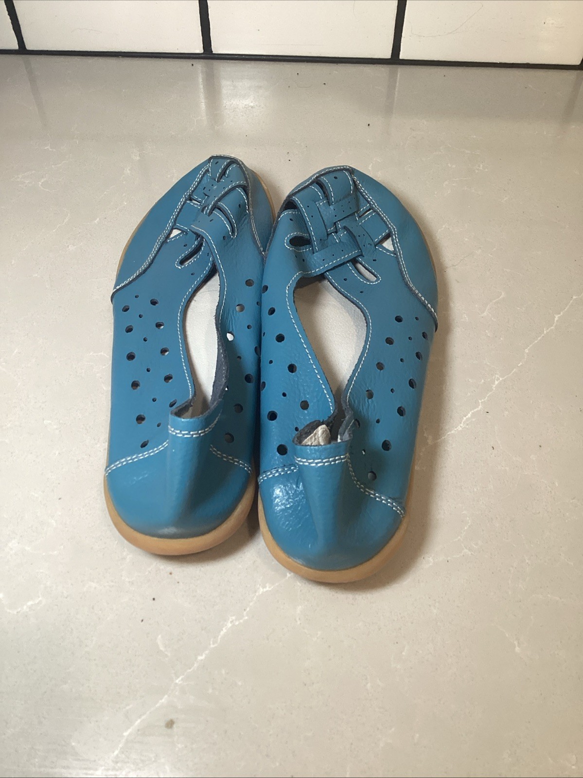 Gum Rubber Sole Womens Comfort Shoes Blue Slip On Moccasin Size 42 US 9.5
