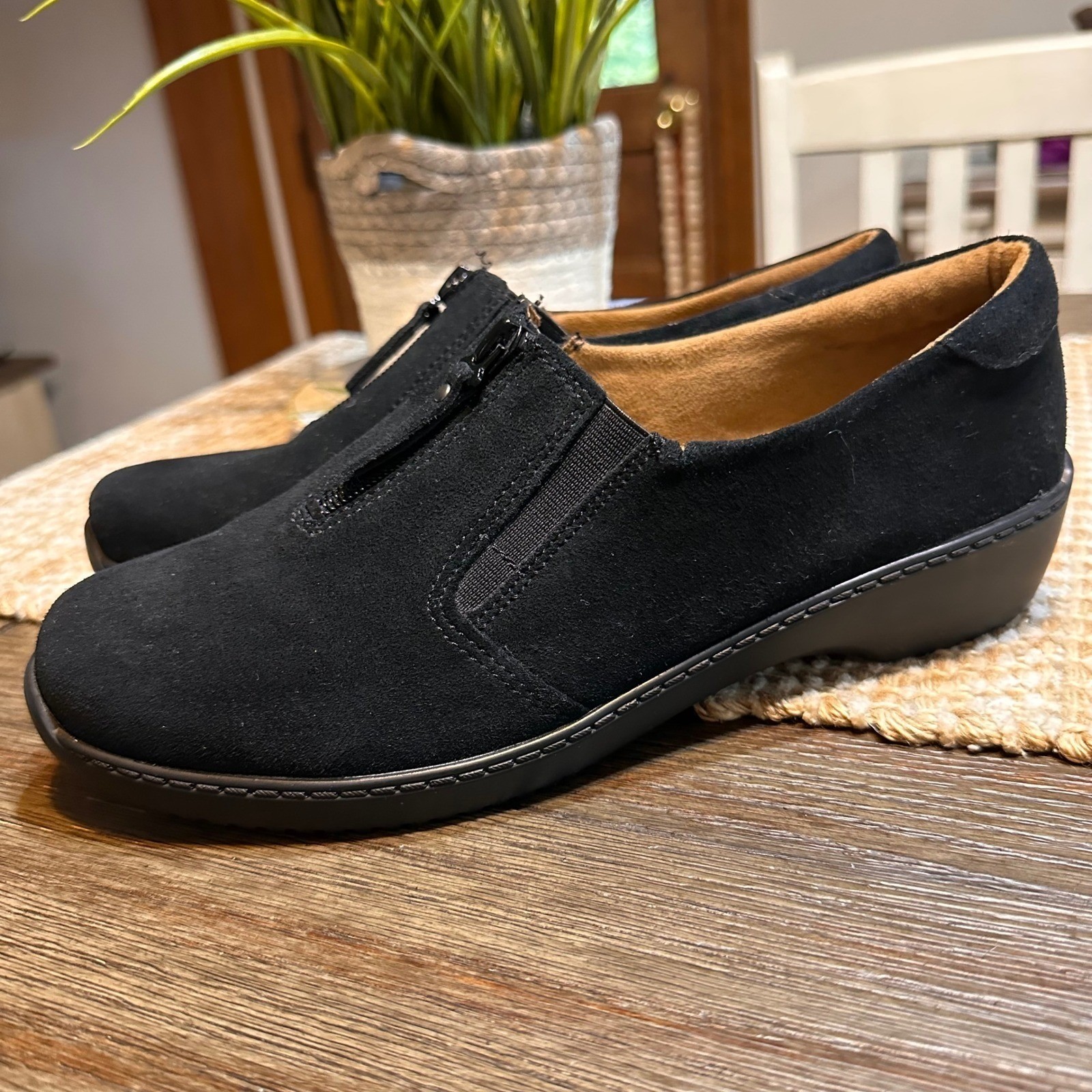 Natural Soul Luxe Black Suede Leather Zip Up Comfort Loafers Shoes Womens 8M