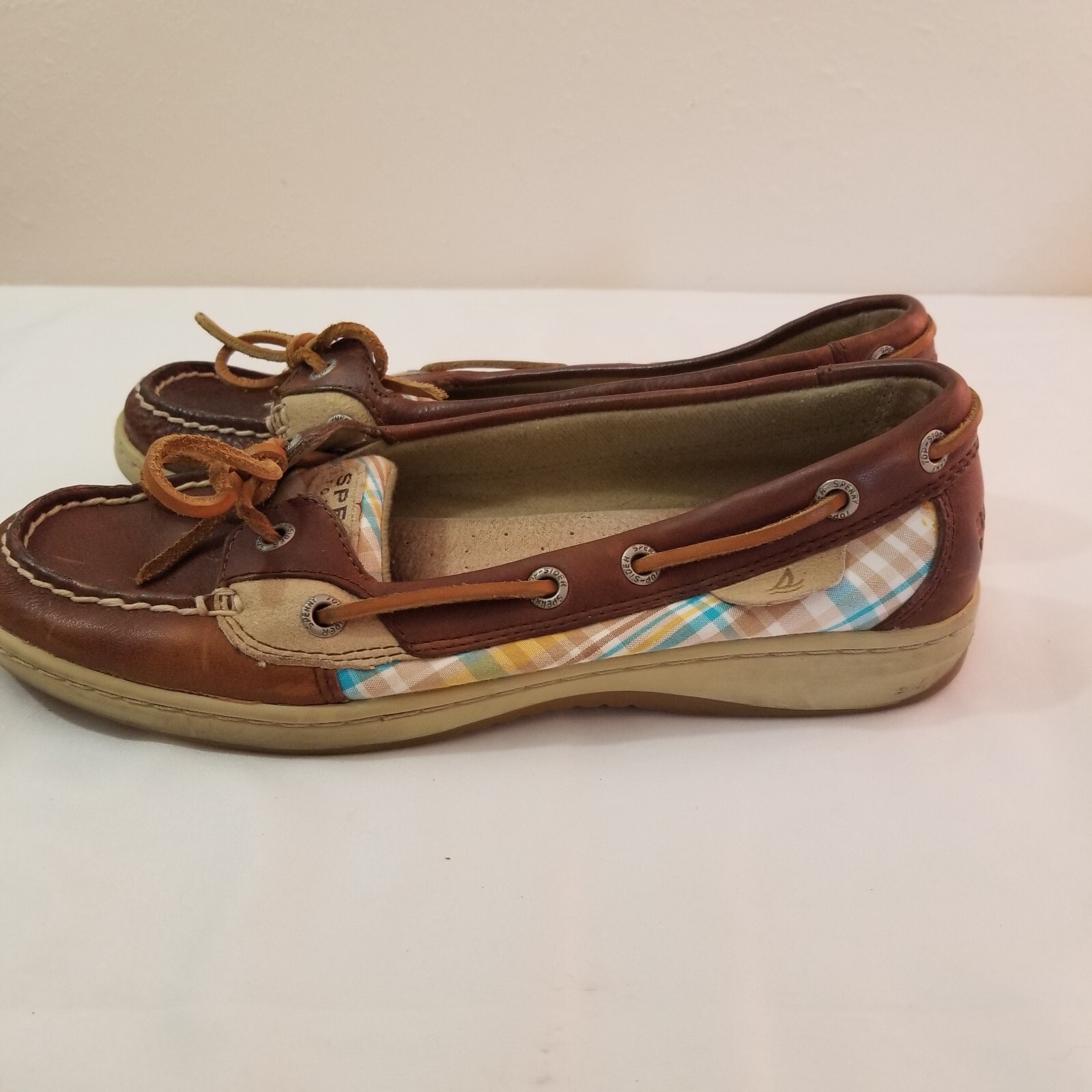 SPERRY Women Top Sider Boat Shoes One Eyelet Plaid Cloth Brown Leather Sz7M