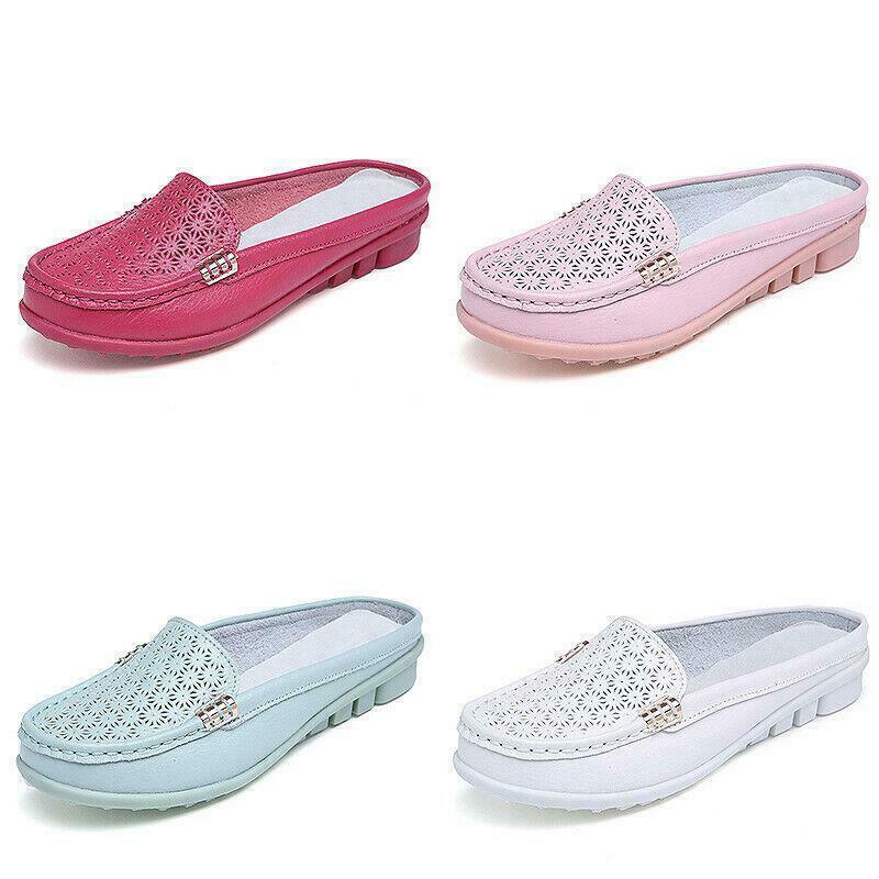 Womens Round Toe Slip On Loafers Pu Leather Slipper Breathable Casual Beach Shoe