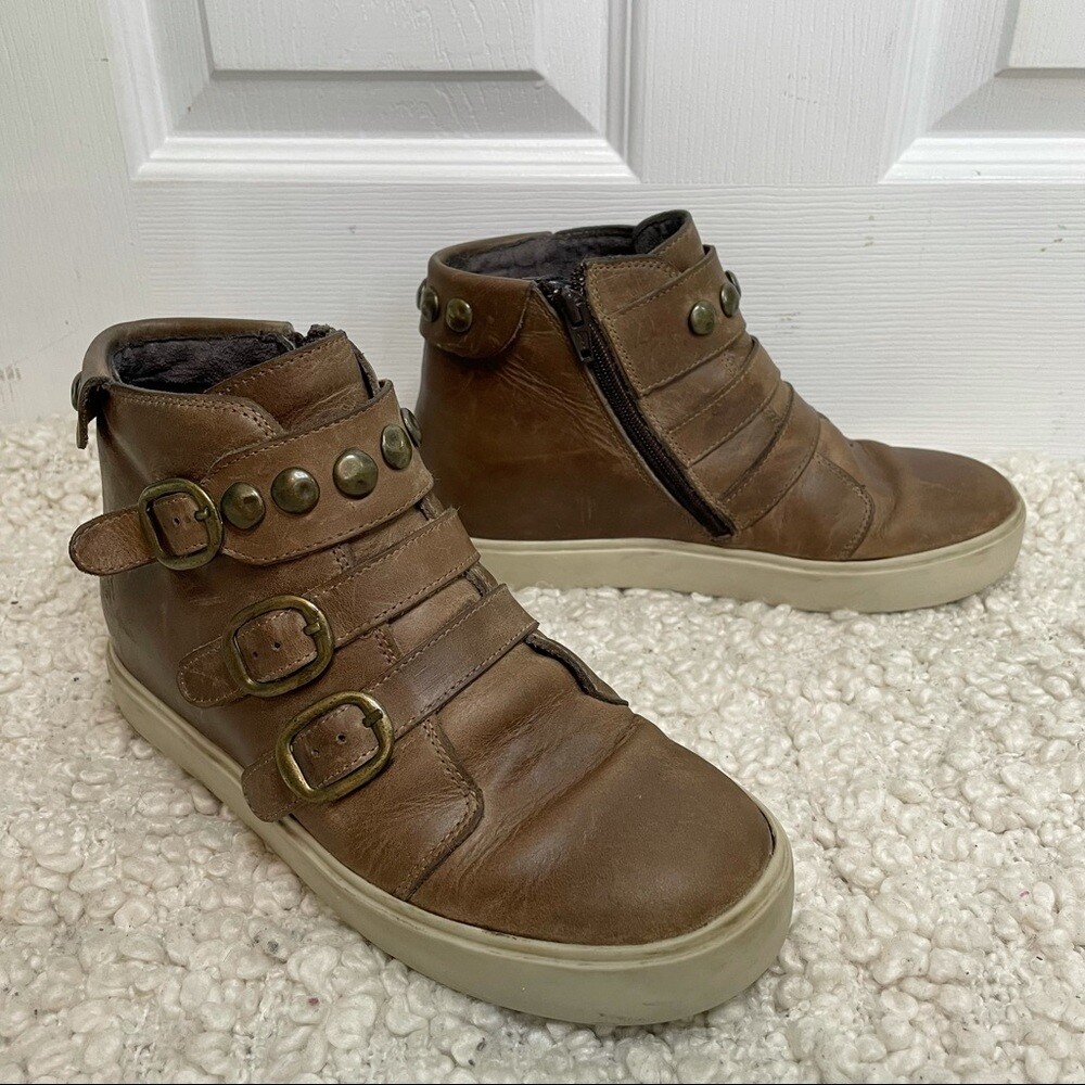 Fly London Brown Leather Studded High Top Multi Strap Sneakers 6.5/7