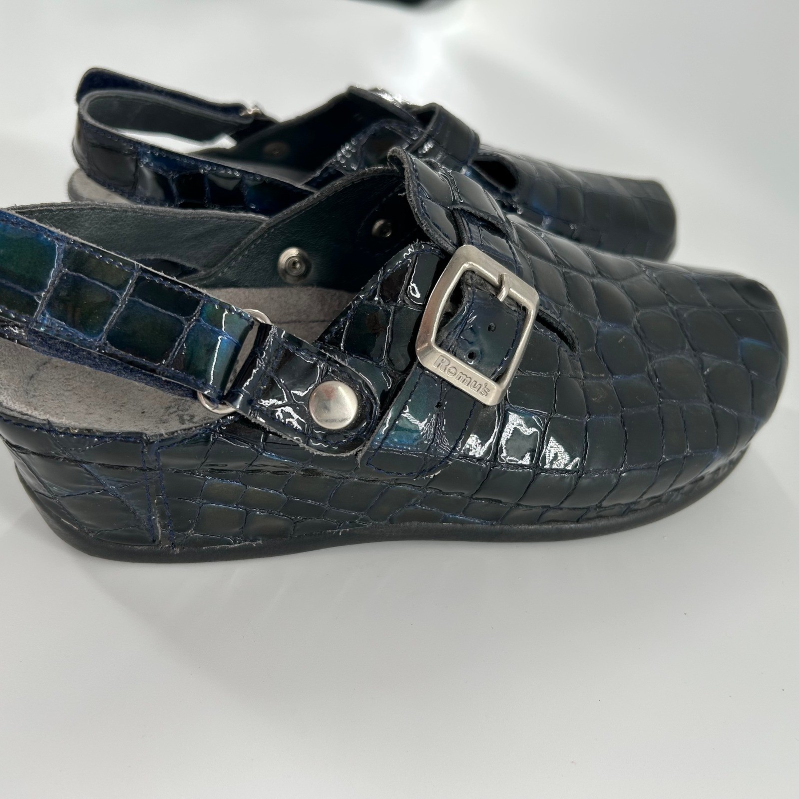 90’s Helle by Romu’s Patent Crocodile Print Slingback Clogs Mules Shoes Size 36