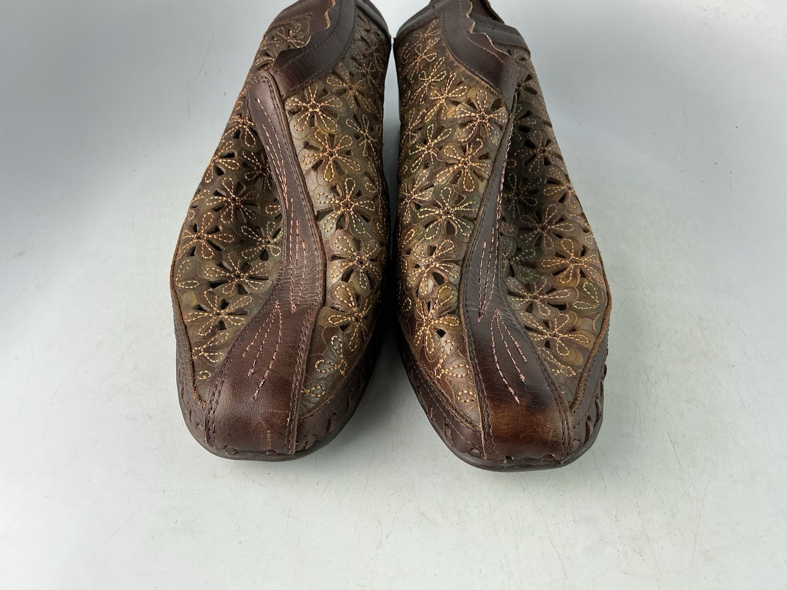 Pikolinos Romana Brown Leather Laser Cut Floral Daisy Shoes Sz 38- 7.5 US