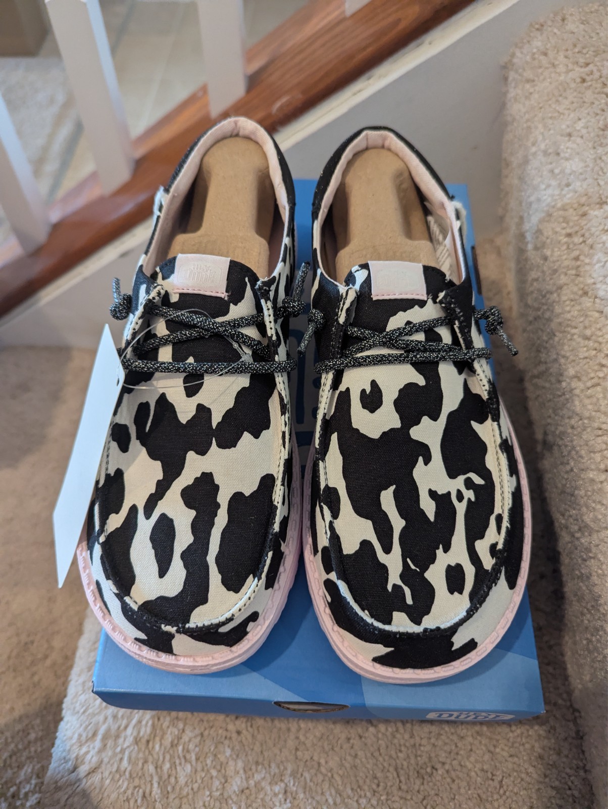 Hey Dude Wendy Funk Women’s Black White Pink Cow Print Casual Shoes Size 7