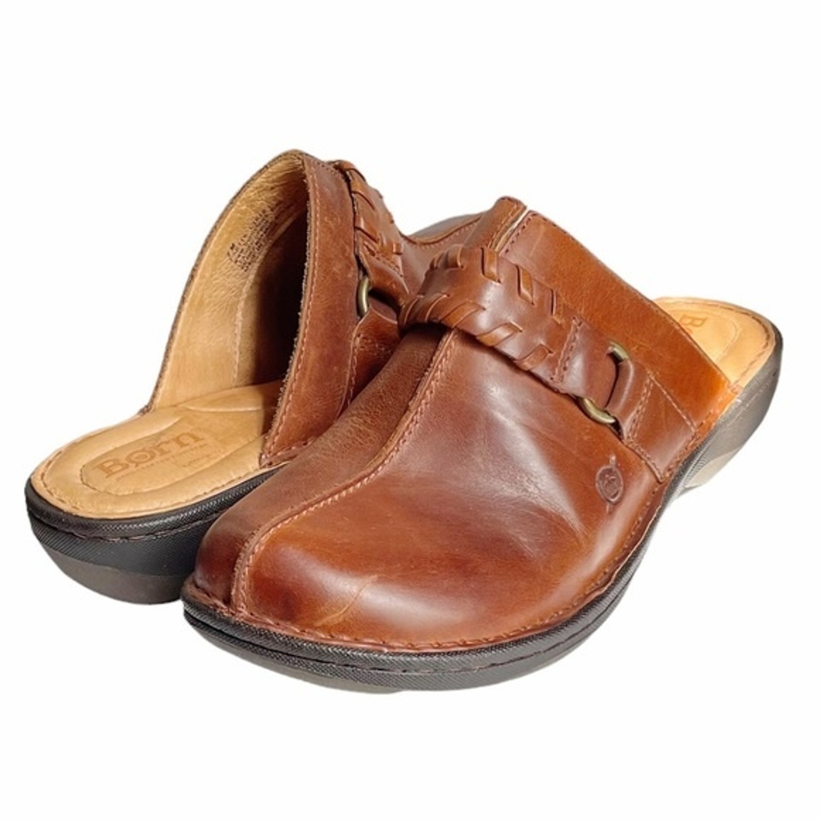 Born Mules Brown Leather Saddle Stich Braided Decorative Strap Women’s Size 7
