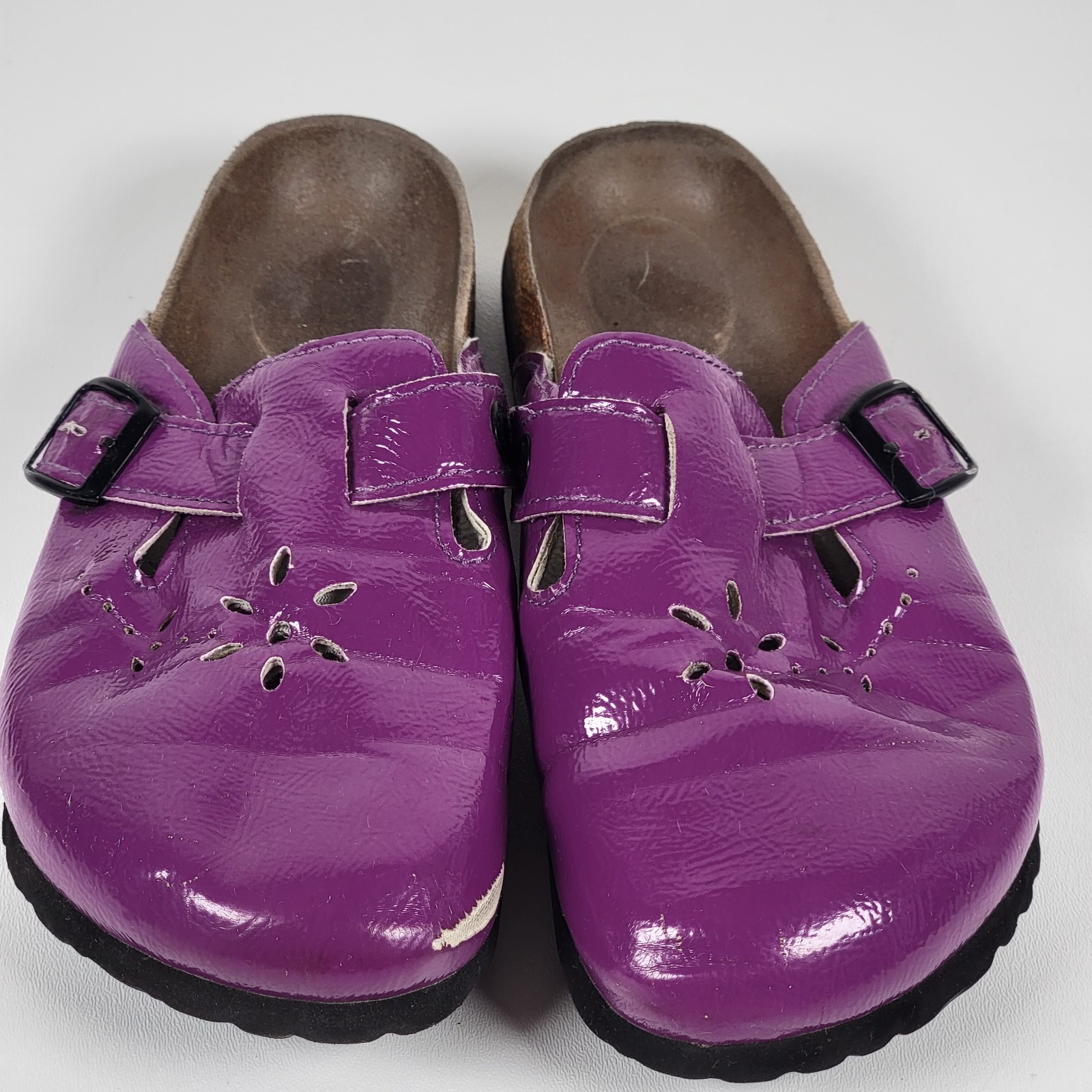 Betula Birkenstock Purple Slip On Leather Clogs Size 38 US 7 Flower Perforated