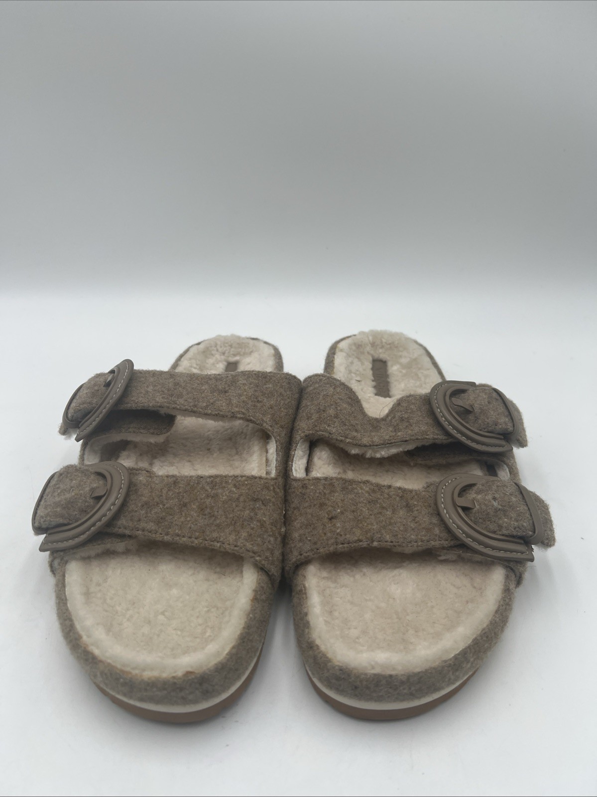 Vince Womens Glyn 2 Buckle Slides Wool Shearling Lined Beige Size 9