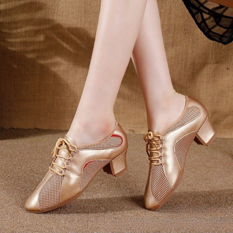 High-Heeled Latin Dance Shoes for Lady Mesh Leather Splice Tango Shoes Outsole