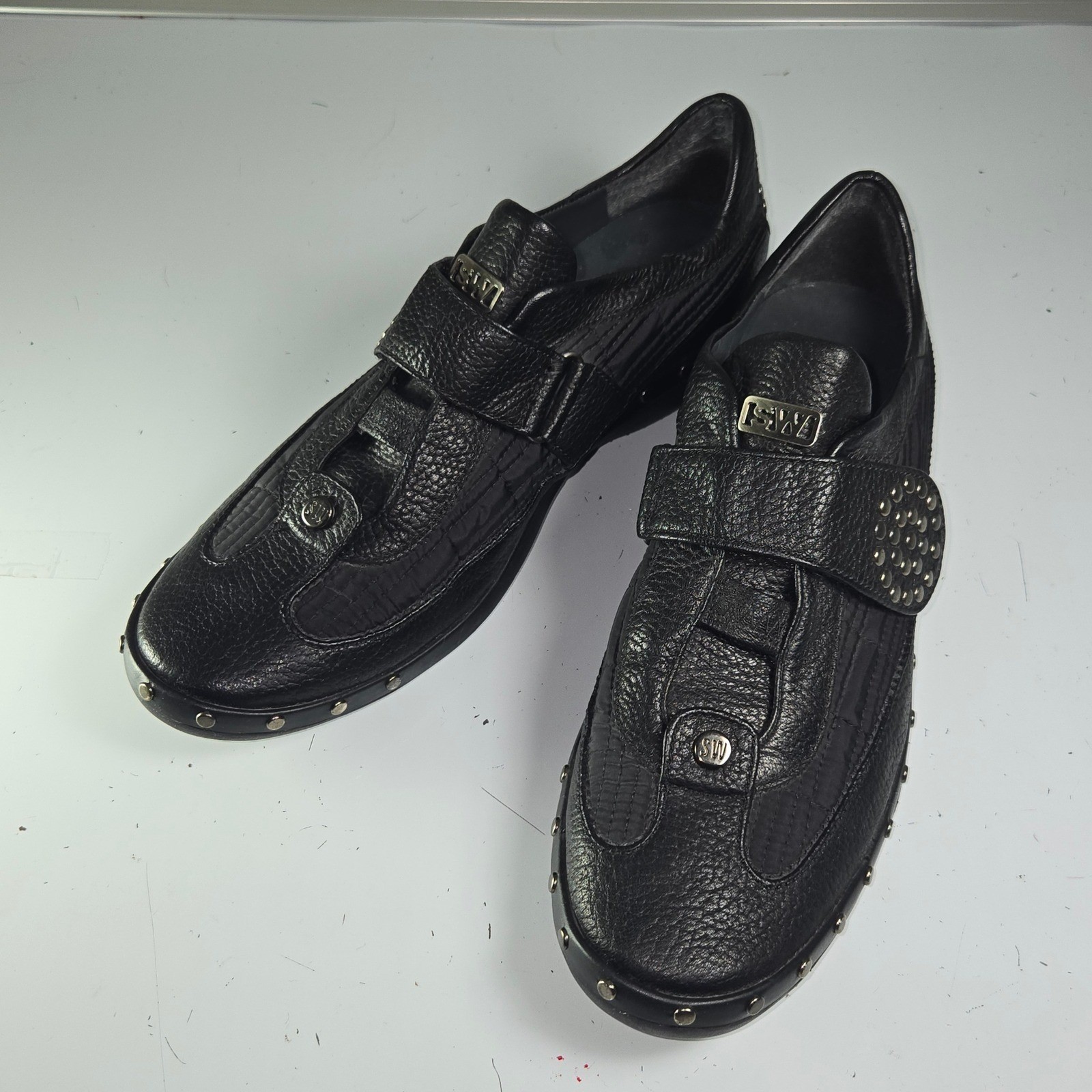 Stuart Weitzman Black Leather Studded Embellished Strap Sneakers Shoes Size 7