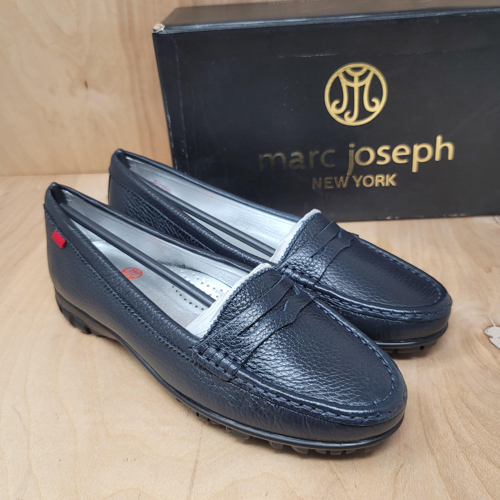 Marc Joseph Union Golf Shoes Womens Size 6.5 Navy Tumbled Grainy Leather Loafers