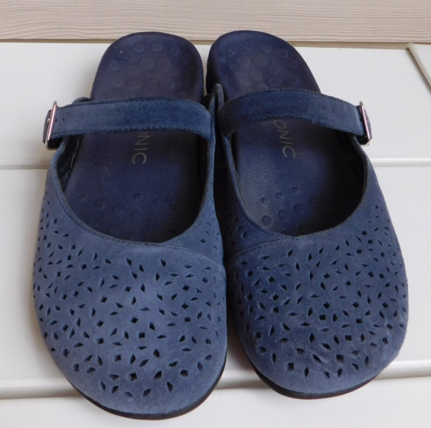 Vionic Shoe Women 9 Lidia Slip On Mule Buckle Mary Jane Perforated Blue Comfort