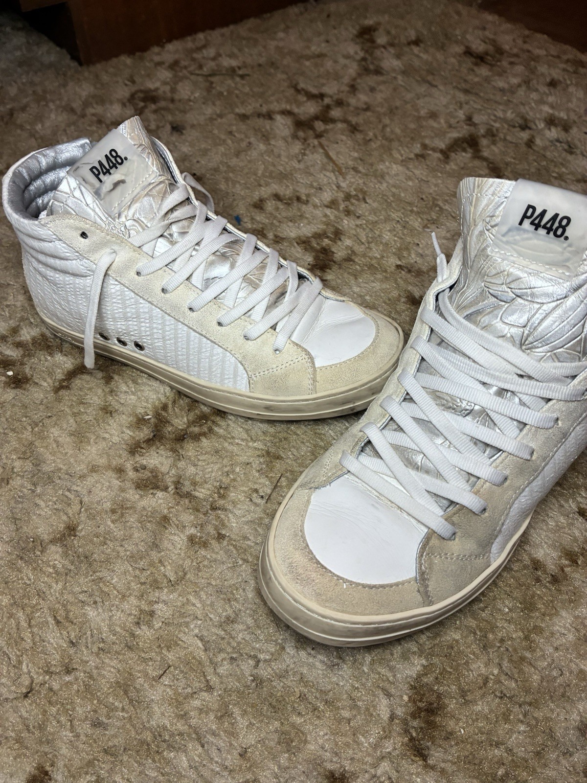 P44 Women’s 8 High Top Leather Sneakers White Lace-Up EU 37 Stylish Retro Shoe