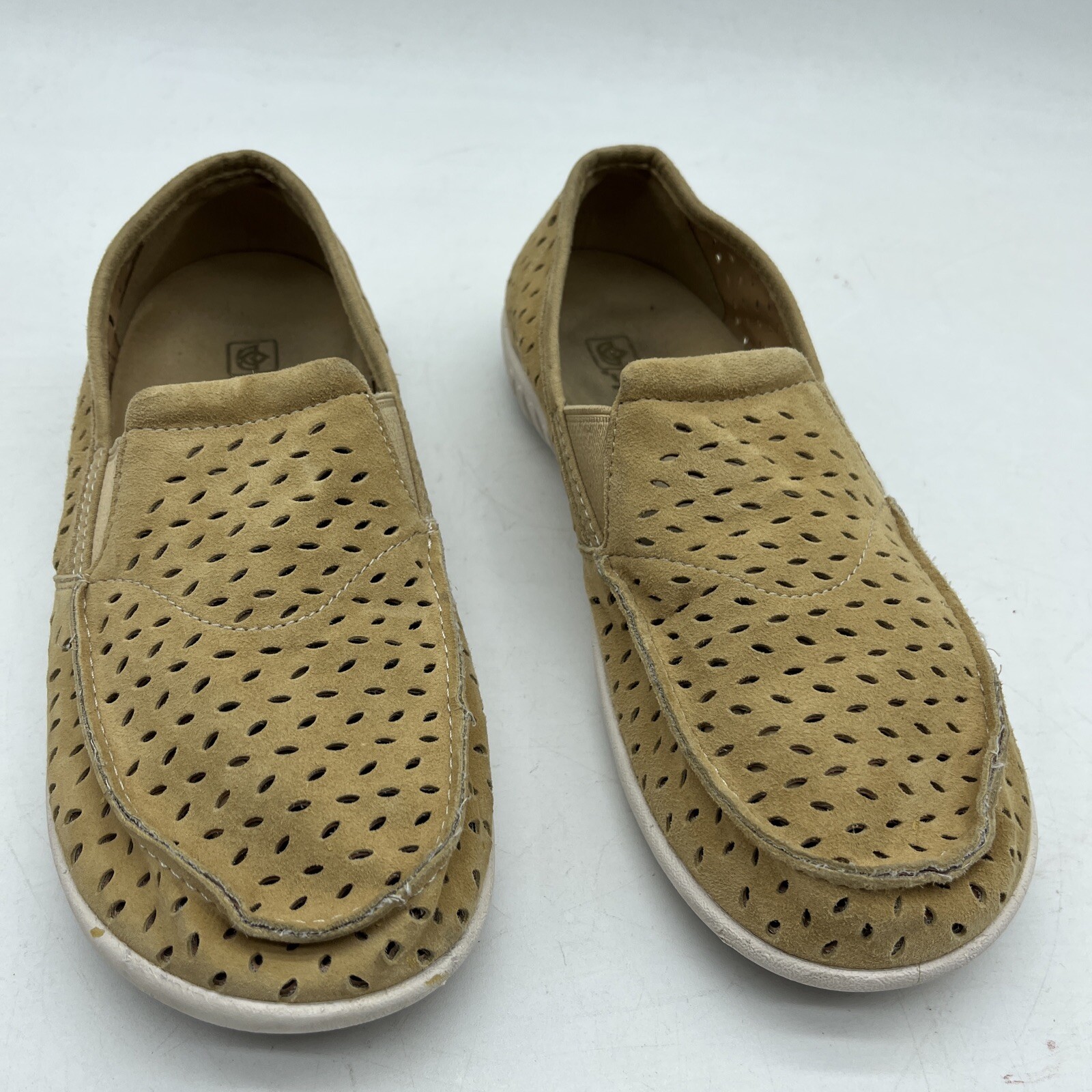 Spenco Bailey Slip On Loafer Flat Womens 8.5 Laser Cut Suede Brown Orthotic Shoe