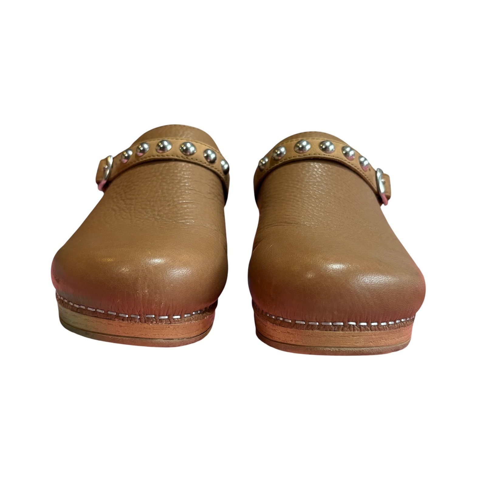 Dansko Clog Mules Women 37 Tan Leather Studded Buckle Shoes Pebbled Convertible