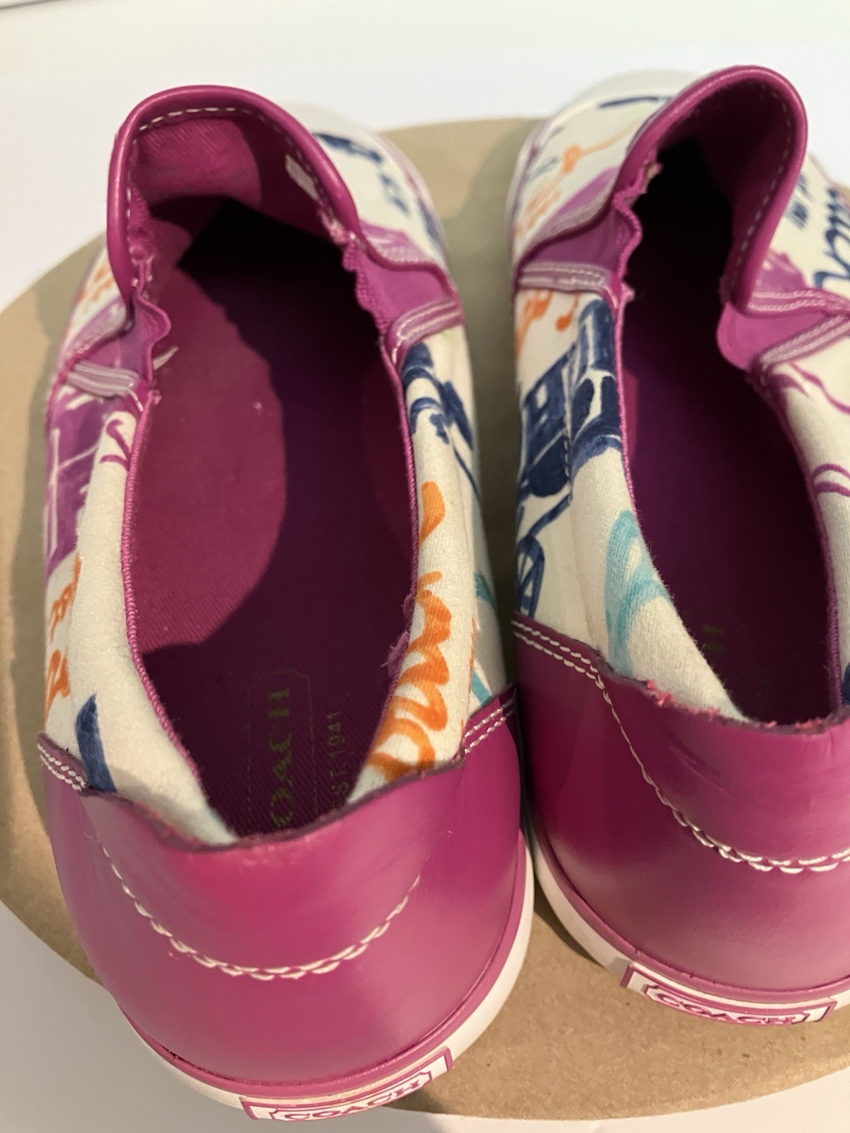 Coach Beale Slip On Sneakers White Multi-color Scribble Logo Signature Women 8.5