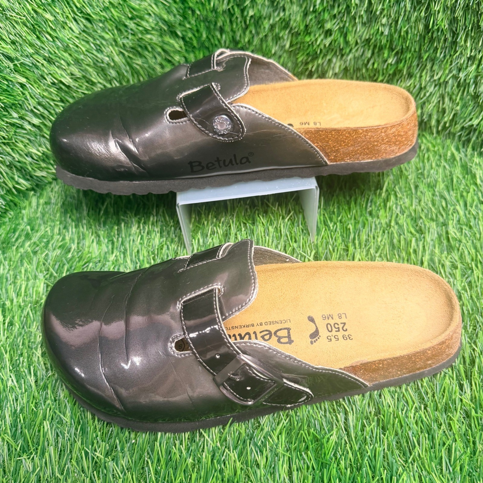 Betula by Birkenstock Licensed Clogs Metallic Patent Pewter Mules Women 8 EU 39