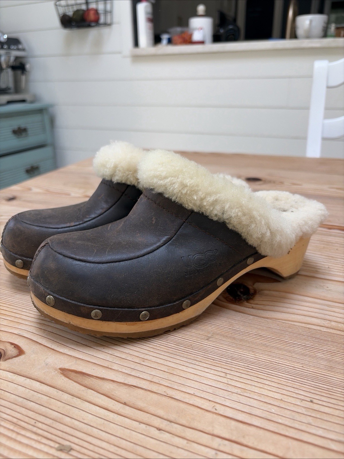 UGG Kalie Women’s 5 Brown Leather Wooden Clogs Shoes Fur Sheep Shearling Lined