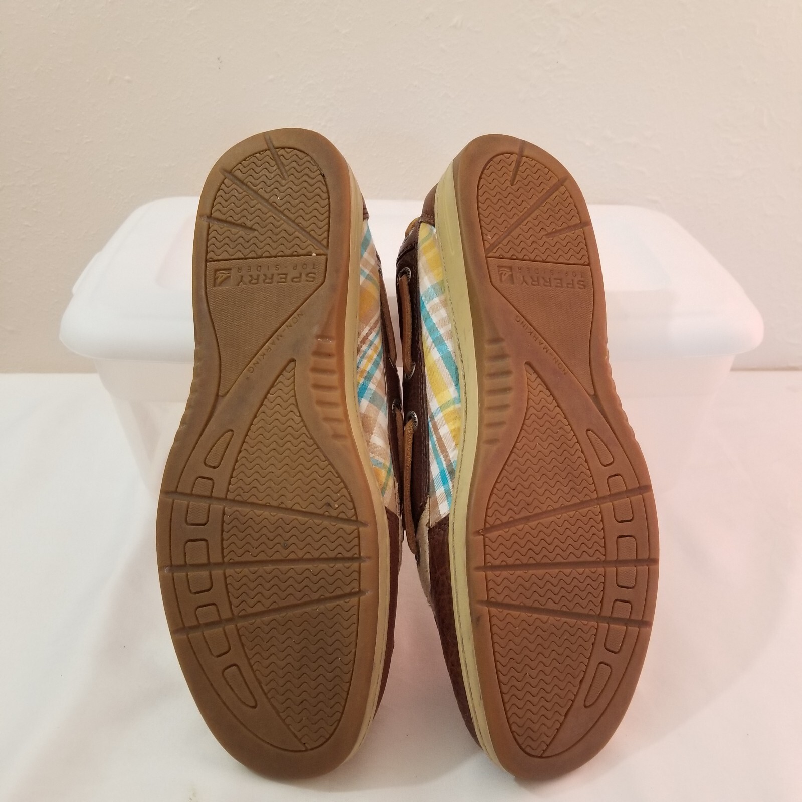 SPERRY Women Top Sider Boat Shoes One Eyelet Plaid Cloth Brown Leather Sz7M