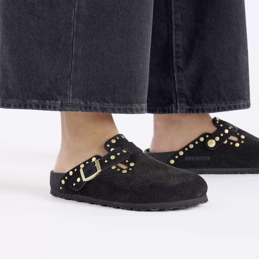 Birkenstock Boston Rivet Black Leather Suede Gold Studded Clogs Women US 8 EU 39