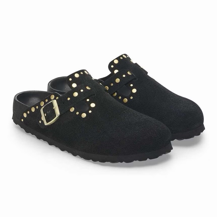 Birkenstock Boston Rivet Black Leather Suede Gold Studded Clogs Women US 8 EU 39