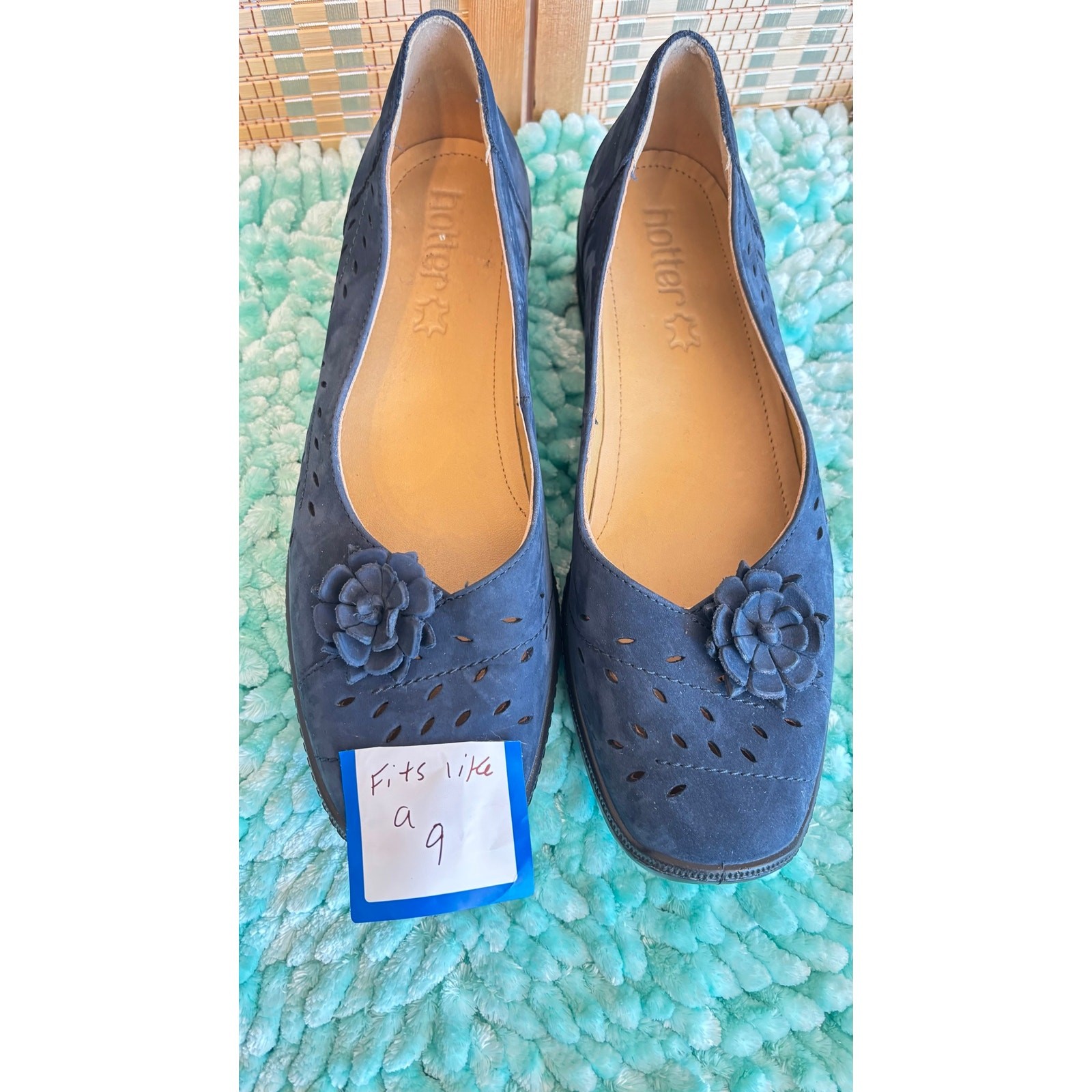 Hotter Mexico blue suede leather flower accent slipon loafers shoes sz 9.5