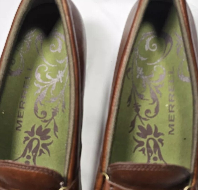 MERRELL PERFORM. ‘PLAZA GLIDE SADDLE’-Brown Leather, Womens Loafer Shoes-(8)