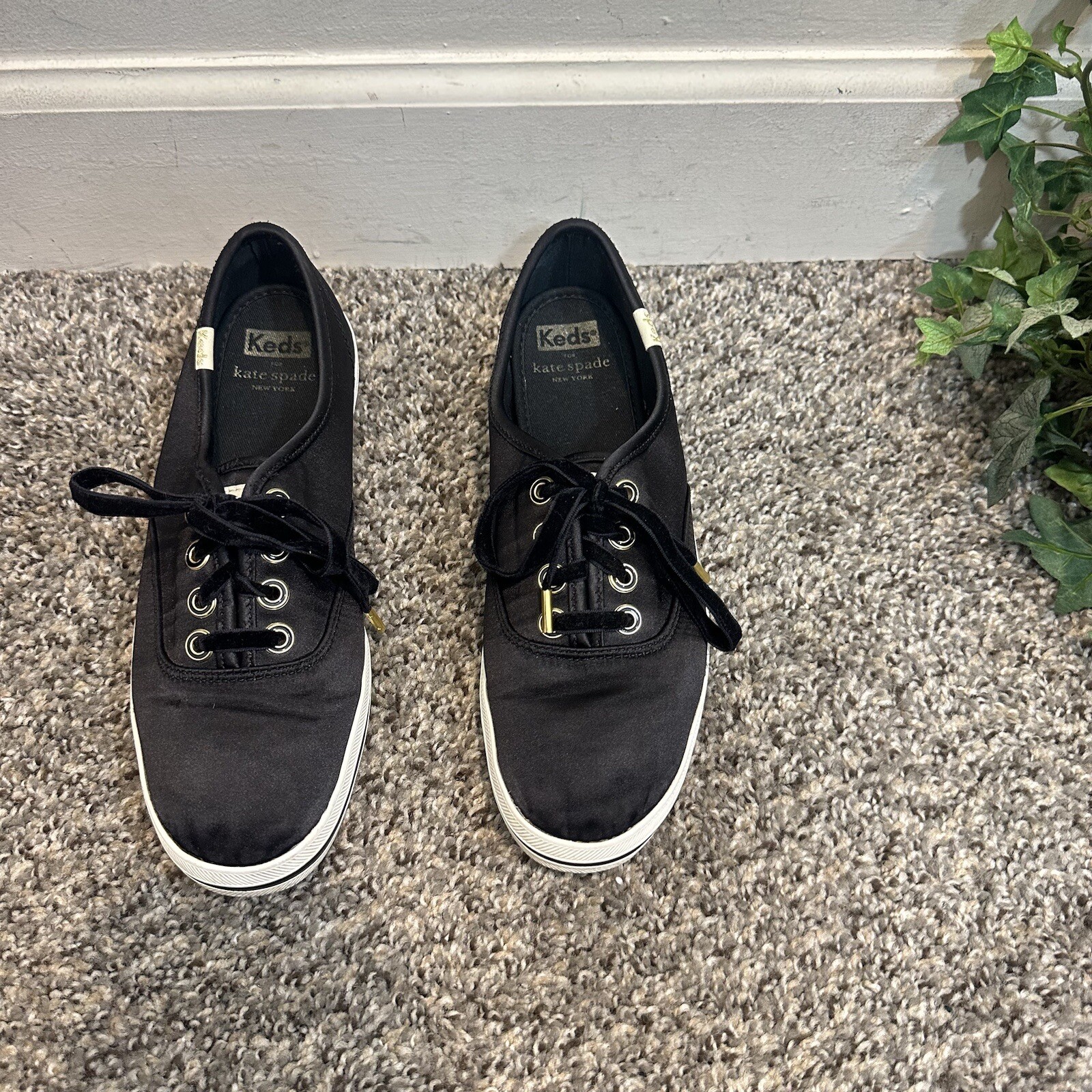Keds Kate Spade Champion Satin Black Sneakers Shoe Lace Up Size 7.5