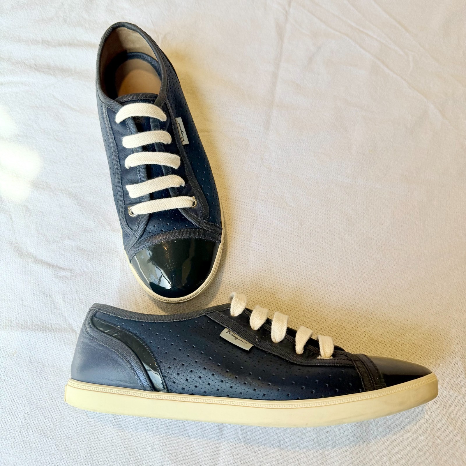 Salvatore Ferragamo Soho Perforated Sneakers Navy Leather Women’s Size 7.5 M