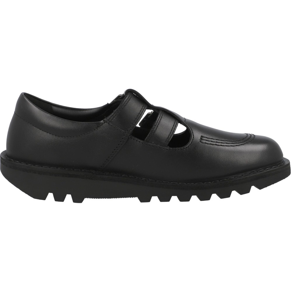 Kickers Kick T Double Black School Shoes Leather T-Bar Buckle Grip Kids
