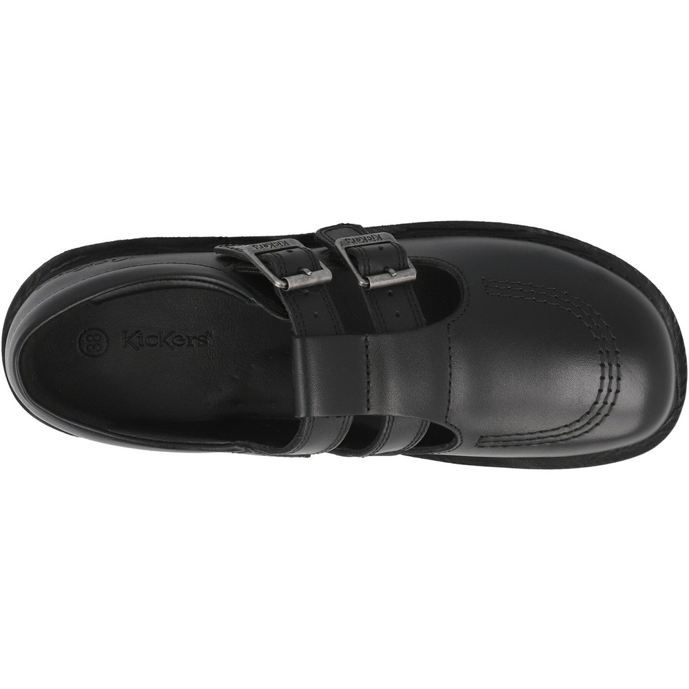 Kickers Kick T Double Black School Shoes Leather T-Bar Buckle Grip Kids