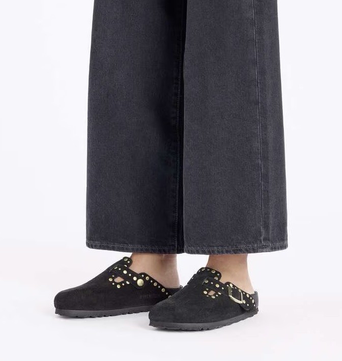 Birkenstock Boston Rivet Black Leather Suede Gold Studded Clogs Women US 8 EU 39