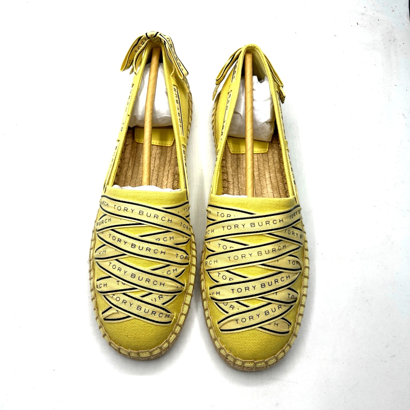 Tory Burch Tory Ribbon Espadrille Blonde Straw Dark Seaweed Yellow Size 9 NEW