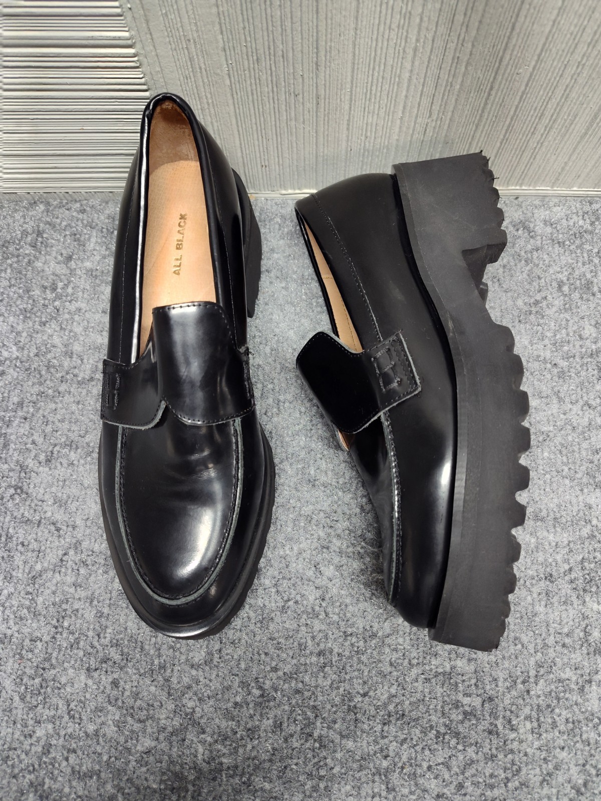 ALL BLACK Women Loafer 37 US 6 Black Patent Leather Slip On Chunky Platform Shoe