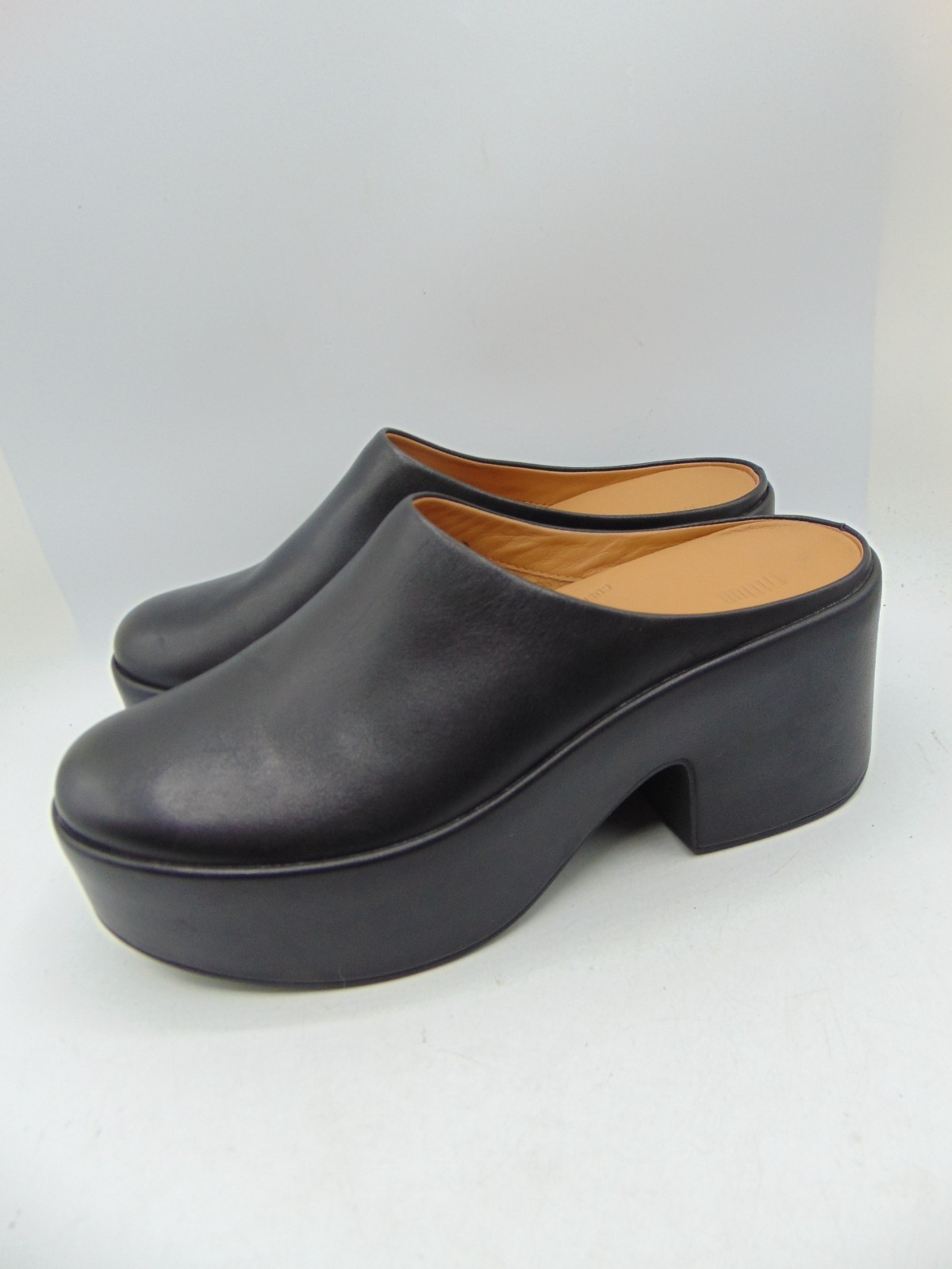 FITFLOP Pilar Black Leather Platform Block Heel Slip On clogs Mule Sz 8 NEW