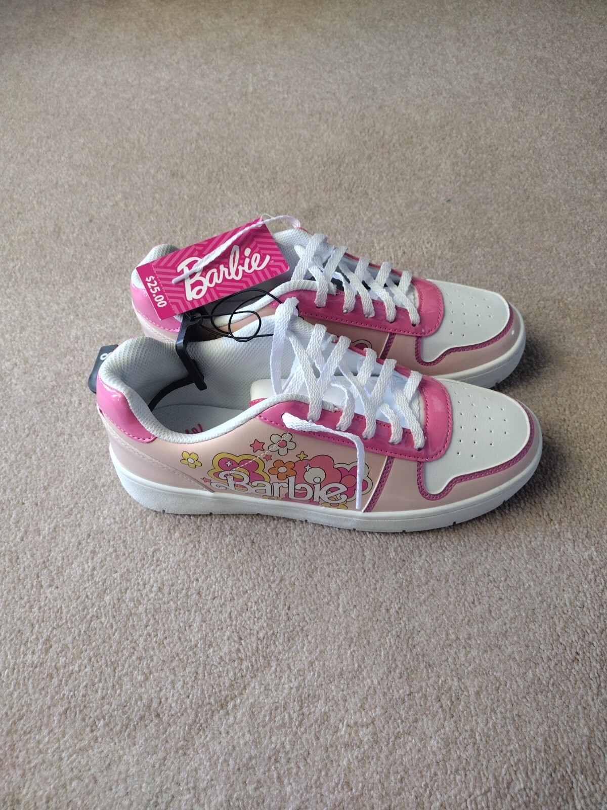 Barbie Women’s Sneakers Pink Size 8 Colorful Flower Print Logo School Vacation